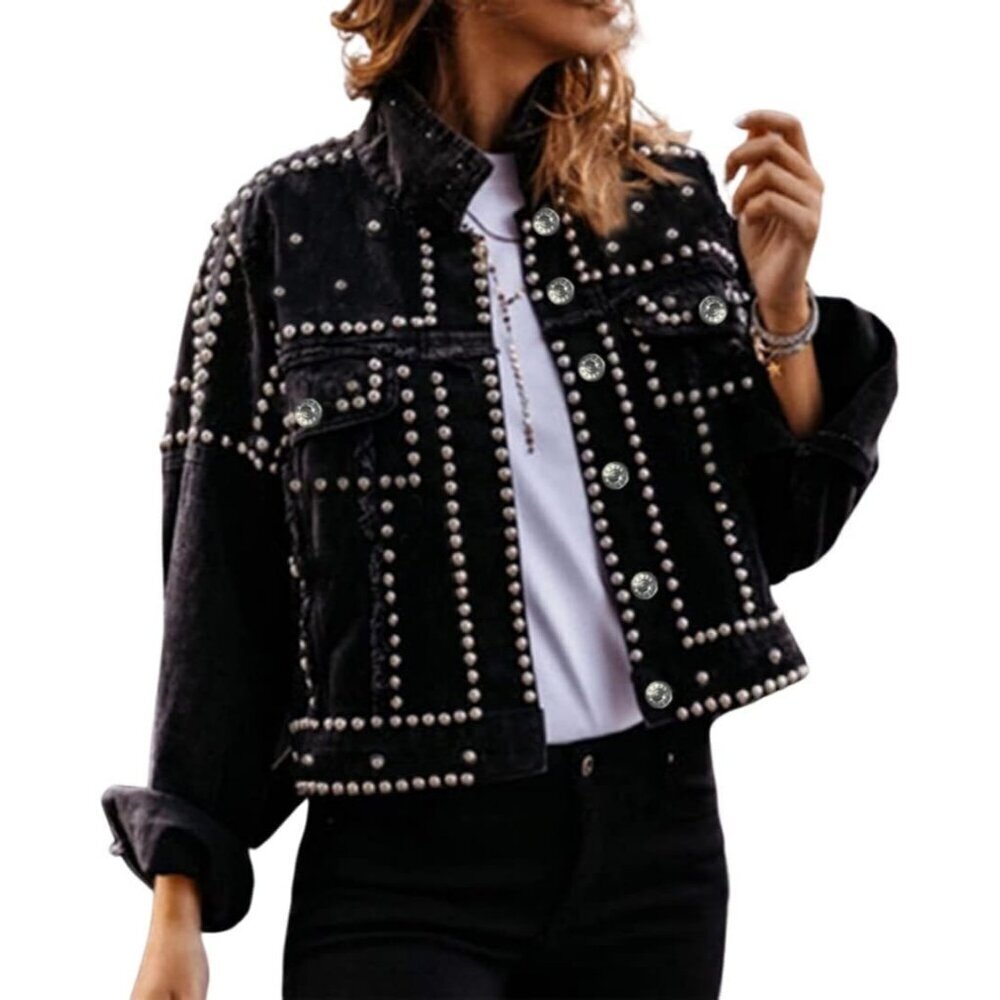 Women's Black Studded Cropped Jean Jacket Western Distressed Denim Coat Outdoor